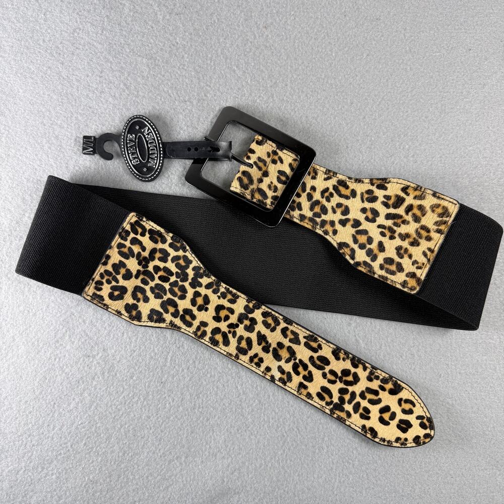 NWT Steve Madden stretch leopard belt - black leather buckle wide size M/L